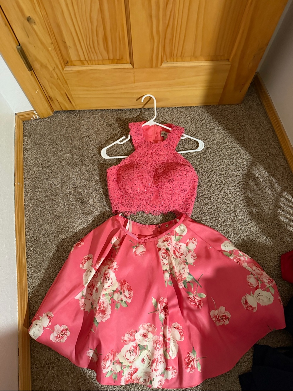 Sherri Hill Pink Lace Crop Top with Floral Full Skirt